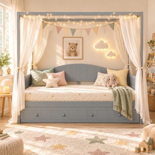 Merax Twin Canopy Daybed with Twin Trundle, Wooden Frame - Image 4