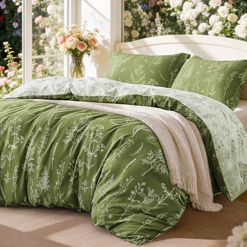 Love's cabin Floral Comforter Set Cute Bedding Queen Reversible Olive Green by Lovescabin