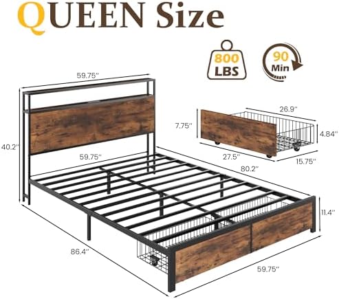 Queen Bed Frame with Charging Station, LED Lights, 2 Drawers, Retro Brown - Image 2