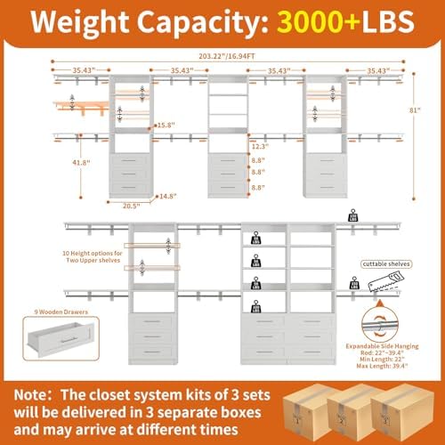 Closet System with 9 Drawers, 9-17FT Custom Closet Organizer System Wood with 9 - Image 3