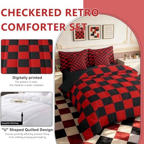 Feelyou Checkered 7 Piece Bedding Set Teen Red Black Plaid Comforter Set - Image 2
