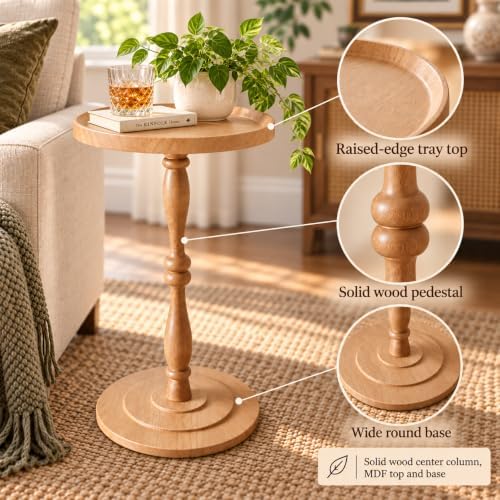 Round Drink Table, Small Pedestal Side Table, Martini Table, Natural Oak - Image 3