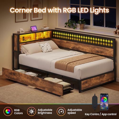 Twin Corner Bed Frame with 2 Storage Drawers, Charging Station - Image 6