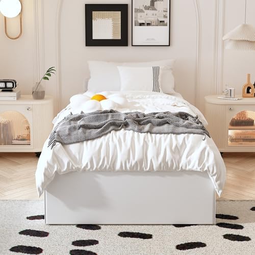 Twin Bed Frame with White Fabric Cover 14 Inch, Heavy Duty Metal Bed Frame Twin - Image 3