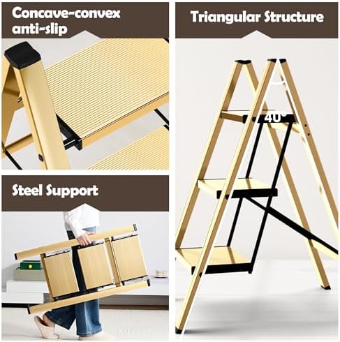 Taranta 3 Step Stool Foldable, Aluminum Step Ladder-Gold - Image 2