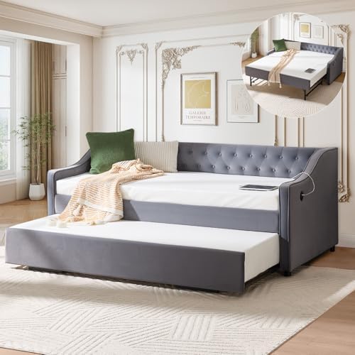 Daybed with Trundle Bed Twin, Upholstered Day Beds Frame by GEEVIVO