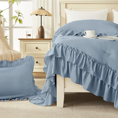 Andency Grayish Blue Ruffle Full Size Comforter Set, 3 Pieces - Image 6