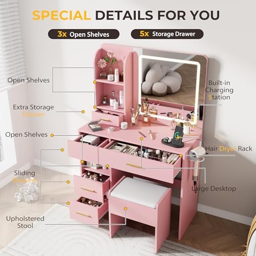 35" Makeup Vanity Desk with LED Mirror and Storage Stool - Image 3