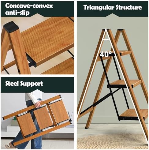 Taranta 3 Step Stool Foldable, Aluminum Step Ladder-Woodgrain - Image 2