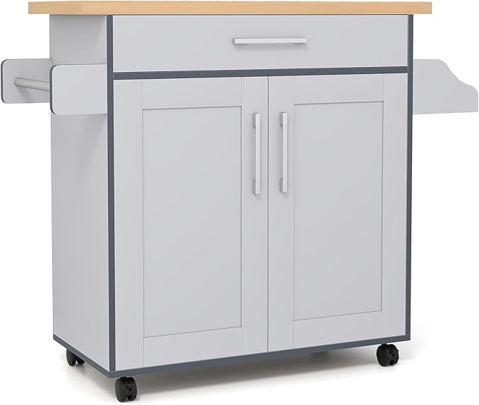 COSTWAY Kitchen Island On Wheels, Rolling Storage Trolley Cart with Large Cabinet, Drawer, Spice Rack and Towel Rack, Kitchen Serving Utility, 3-Position Adjustable Shelf (Grey)