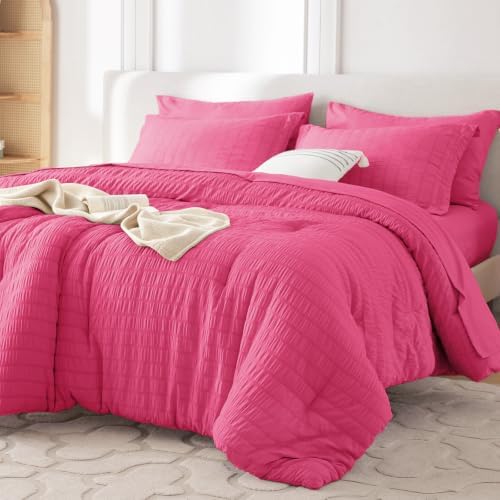 MUXHOMO Twin XL Comforter Set 5 Pieces, Seersucker Bed in a Bag, Hot Pink by MUXHOMO