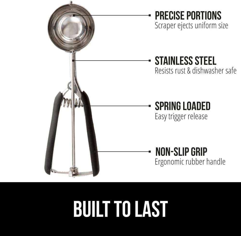 GORILLA GRIP Stainless Steel Cookie Scoop for Baking, 2 TSP, Multipurpose Melon Baller, Meatball Spring Scoops, Perfect Portion Sizes, Easy Food Release, Scooper Size 100, BPA-Free Kitchen Tool, Black