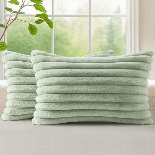 decorUhome Fall Faux Fur Throw Pillow Covers 12x20 Set of 2 Sage Green by decorUhome