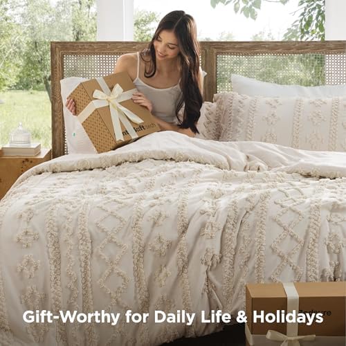 Bedsure Tufted Boho Comforter Set Full, Bedroom Decor Bedding Set Beige - Image 4