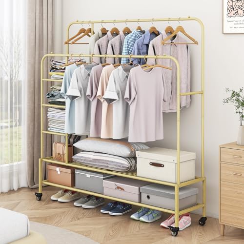 SUOERNUO Clothes Rack with Lockable Wheels Double Rods Metal Garment Racks - Image 2