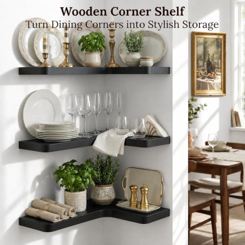 16 Inch Solid Wood Floating Corner Shelves, 3 Pack, Matte Black - Image 6