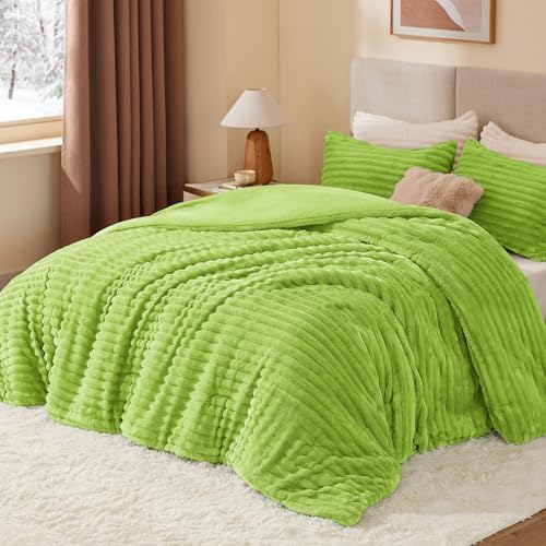 BEDELITE Fleece Queen Comforter Set, Fluffy Bed Set, Dark Citron - Image 2