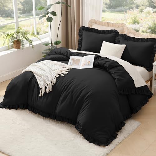Litanika Queen Comforter Set, 3 Pieces Black Ruffle Bedding Set - Image 3