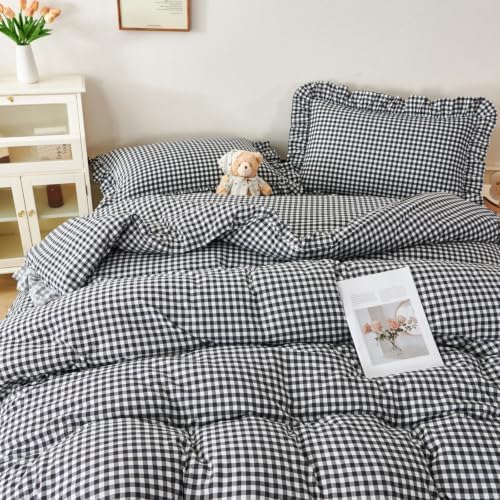 Gingham King Comforter Set 5 Pieces Black Ruffled Bedding Sets - Image 2