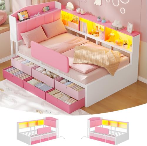 Twin Corner Bed Frame with 6 Storage Drawers, LED Lights, Charging Station by AOGLLATI
