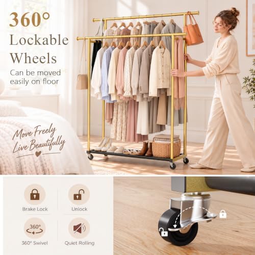 Double Rod Clothing Rack on Wheels, Holds 150 Garments - Image 6