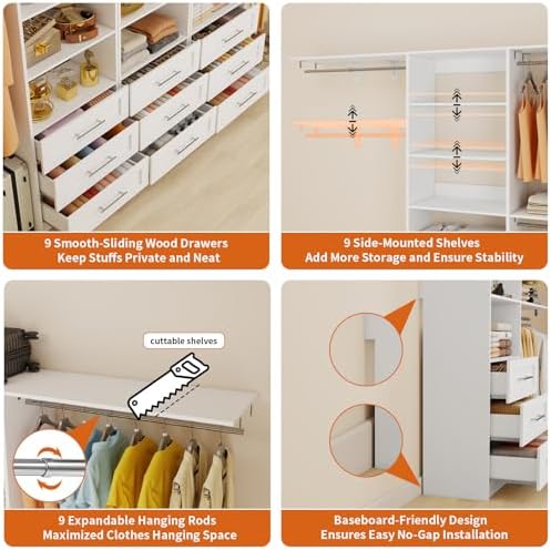 Closet System with 9 Drawers, 9-17FT Custom Closet Organizer System Wood with 9 - Image 6