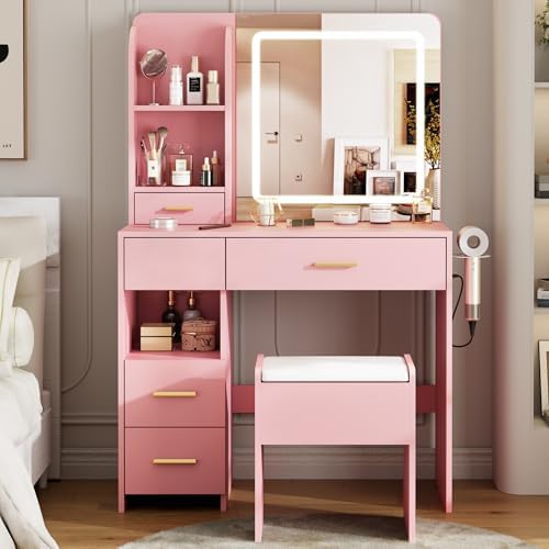 35" Makeup Vanity Desk with LED Mirror and Storage Stool by Otterease