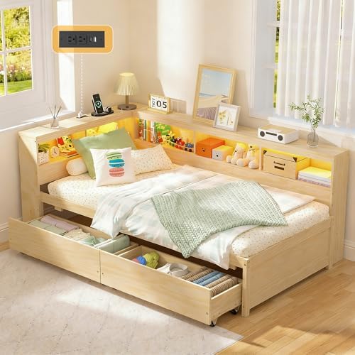 Twin Corner Bed Frame with Storage Drawers, Power Outlet, LED Lights by Callales
