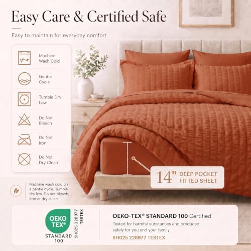 CozyLux Queen Comforter Set, 7 Pieces Burnt Orange Seersucker Bed in a Bag - Image 5