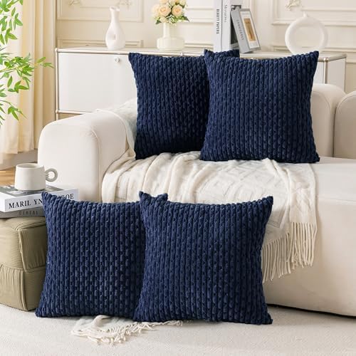 Set of 4 Navy Blue Decorative Throw Pillow Covers 18x18 Inch Corduroy Pillow by Cozoomy