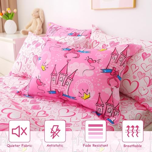 Kids Twin Comforter Bed Set 6 Pieces Castle Heart Girls Bedding Set - Image 2