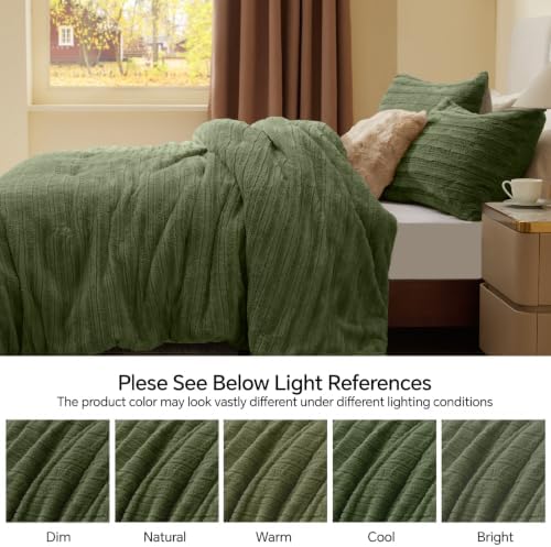 BEDELITE Faux Fur Queen Comforter Set, Fluffy Bed Set, Olive Green - Image 7