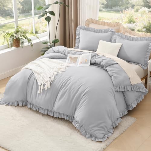 Litanika Queen Comforter Set, 3 Pieces Light Grey Ruffle Bedding Set - Image 3