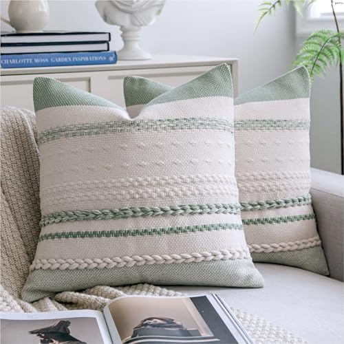 Cethom Boho Throw Pillow Covers 18x18 Inch Set of 2, Sage Green Textured by Cethom