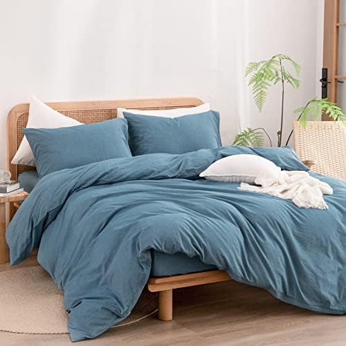 BESTOUCH Cotton Solid Duvet Cover Set Linen Feel Dark Blue Queen - Image 4
