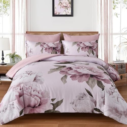 Blush Pink Full Size Comforter Set, 7 Piece Floral Bed in a Bag by Dobuyly