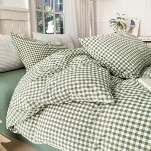 LifeTB Green Gingham Comforter Set King Modern Style Plaid Comforter Set 3 - Image 6