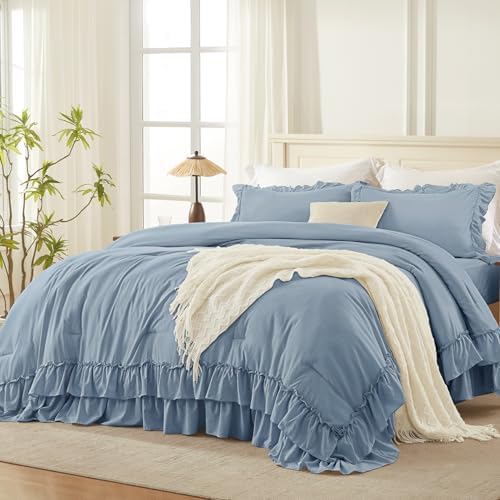 Andency Grayish Blue Ruffle Full Size Comforter Set, 3 Pieces by Andency