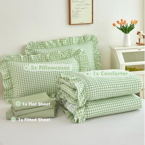 Green Gingham Bedding Set Queen 5 Pieces Ruffle Grid Comforter Set - Image 5