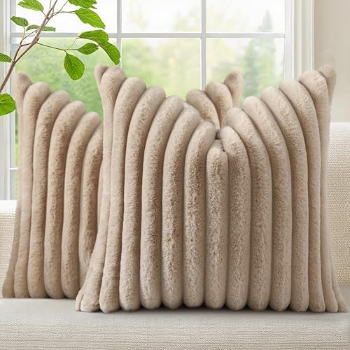 decorUhome Fall Faux Fur Throw Pillow Covers 20x20 Set of 2 Khaki Brown by decorUhome