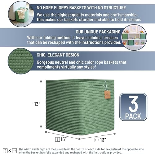 NaturalCozy 13x15x13 Kallax Storage Cubes Bins, 3 Pack | Cotton Rope Cube - Image 2