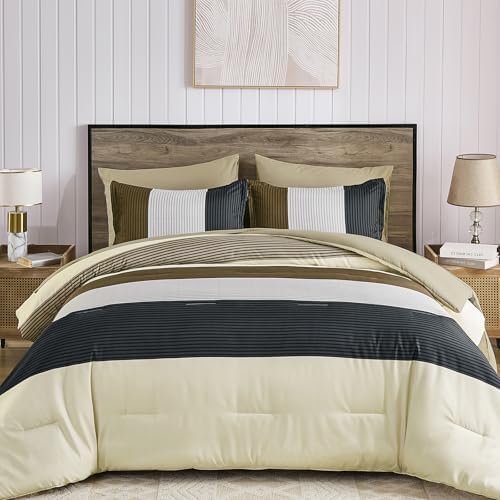 Striped King Size Comforter Set, 7 Pieces Brown Black Beige Bedding Set by Anibedding
