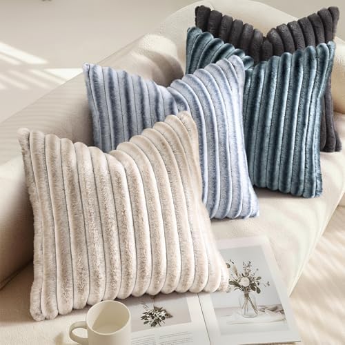 decorUhome Fall Faux Fur Throw Pillow Covers 12x20 Set of 2 Blue Grey - Image 4