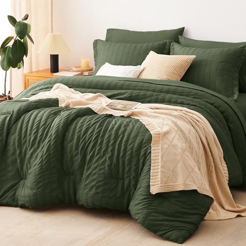CozyLux Queen Comforter Set, 7 Pieces Olive Green Seersucker Bed in a Bag by CozyLux