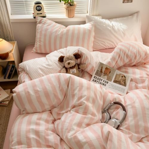 Nayoroom Striped Comforter Set Queen Reversible Pink White Stripe Bedding - Image 2
