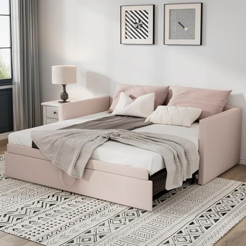 SOFTSEA Twin Daybed with Pop Up Trundle, Velvet Upholstered Extendable Day Bed - Image 6