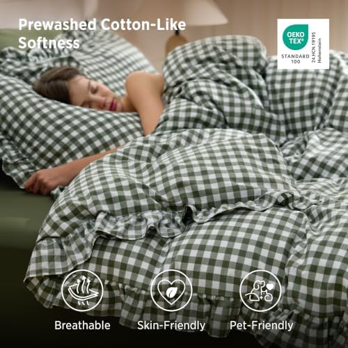Bedsure Gingham Ruffle Duvet Cover Set, Cotton-Like Bed, Olive Green - Image 3