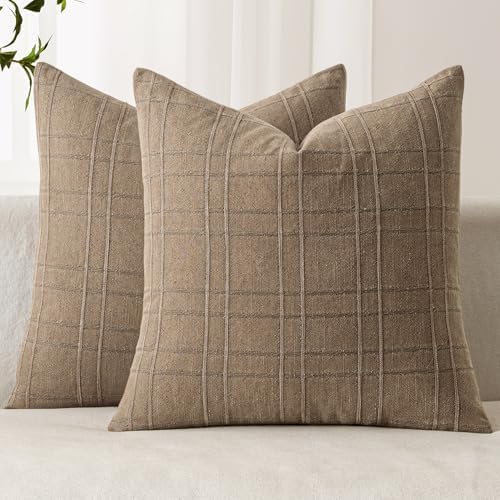 MIULEE Linen Plaid Pillow Covers Fall Decorative 16x16 Light Brown by MIULEE