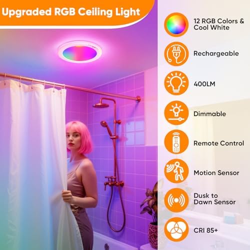 Rechargeable Motion Sensor Ceiling Light, Battery Closet Light 12 RGB Color - Image 2