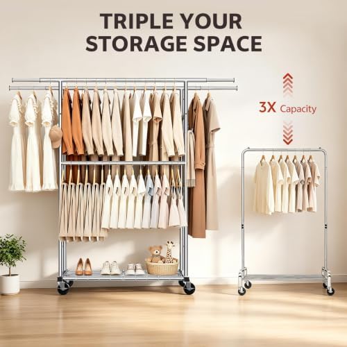 Heavy Duty Clothes Rack Load 550LBS, Rolling Clothing Rack Silver - Image 4